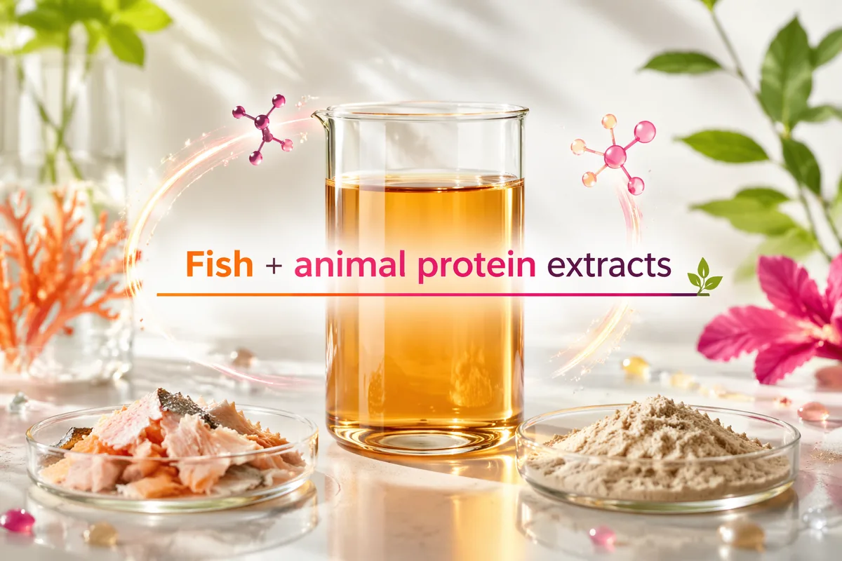 Fish trimmings, an amber protein hydrolysate liquid and a dried protein powder on a lab bench